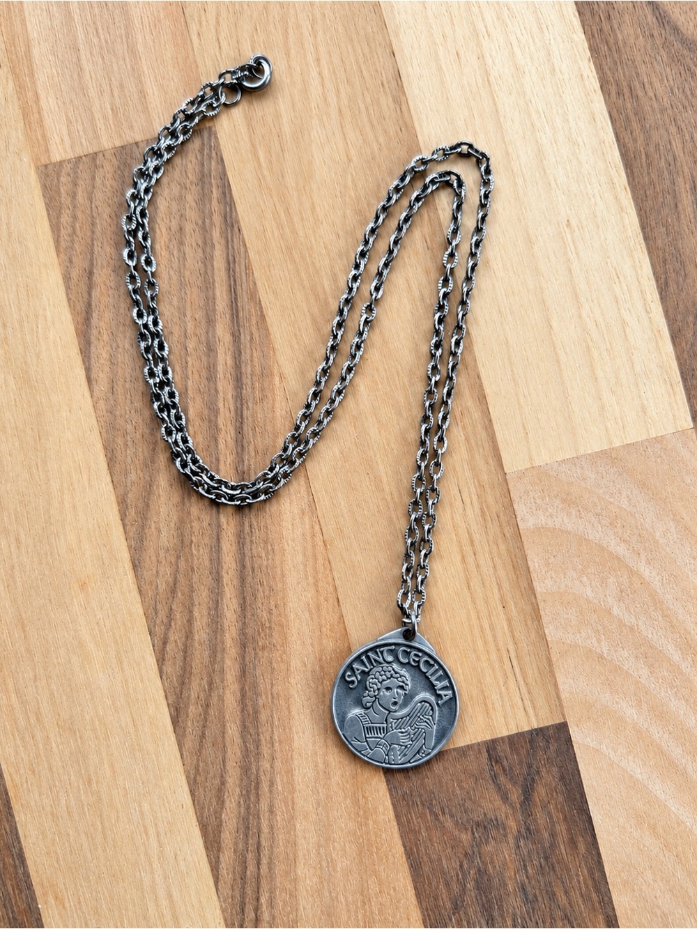 Saint Cecilia Medal Pendant Necklace Silver Tone Religious Musician Jewelry